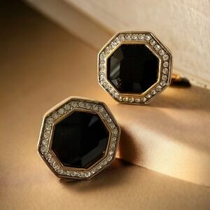 Swarvoski SAL Clip On Earrings Gold Tone Octagon Black Crystal Rhinestone